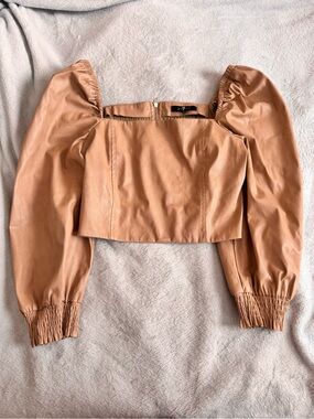 7 For All Mankind Tan Faux Leather Puff Sleeve Crop Top